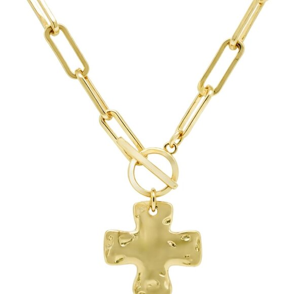 Gold Chunky Cross Necklace for Women - Bold Hammered Pendant with Toggle Clasp - Picture 3 of 7